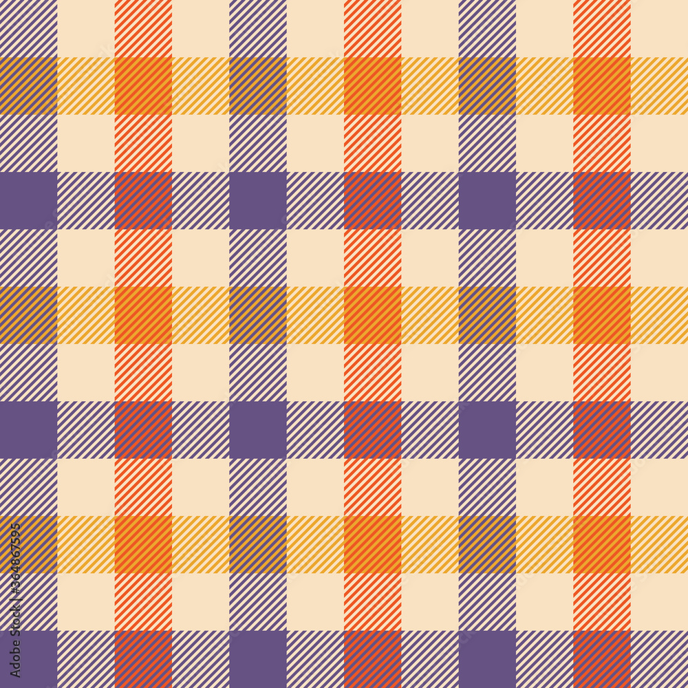 Gingham pattern vector in purple, orange, yellow. Seamless textured colorful vichy plaid for tablecloth, oilcloth, or other modern spring, summer, autumn textile print.