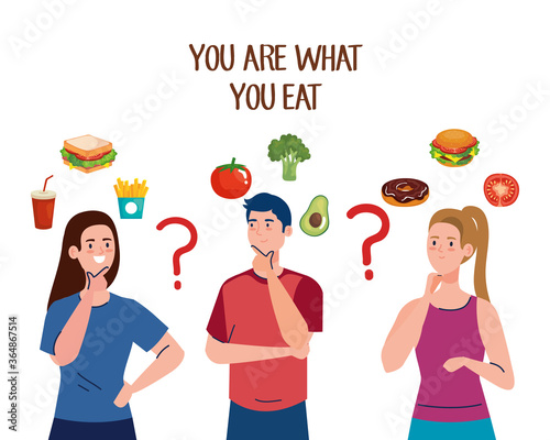 man and women thinking what to eat design, junk or healthy food decision theme Vector illustration