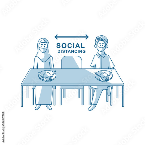 Restaurant social distancing People sitting eating food Vector