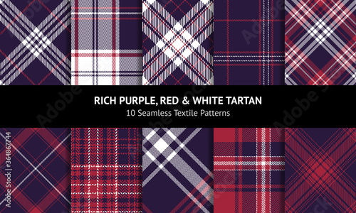 Tartan plaid set in rich purple, red, and white. Seamless vector decorative textured check plaid for flannel shirt, blanket, skirt, throw, duvet cover, or other modern winter fabric design.