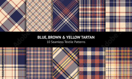 Tartan set. Blue, brown, yellow seamless decorative textured check plaid for skirt, blanket, flannel shirt, or other autumn winter textile print. Modern fabric design.