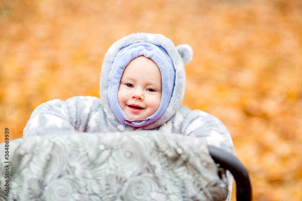.Little baby plays in autumn park. Little girl with oak and maple leaf. .Little baby plays in autumn park. Little girl with oak and maple leaf.
