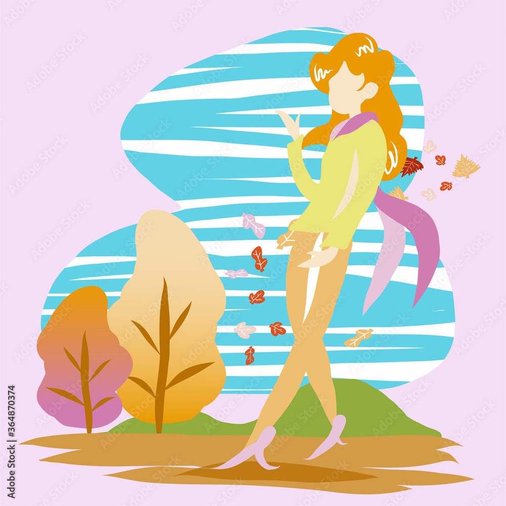 The woman walking in park autumn season vector image.