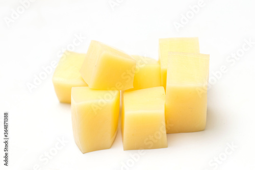 Close Up of Mozzarella Cheese Cubes Isolated on White Background