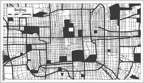 Canvas Print Beijing China City Map in Black and White Color in Retro Style