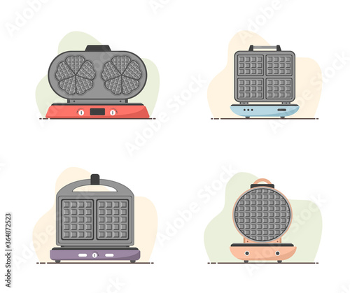 Waffle-iron. Set of waffle makers isolated on white. Cooking breakfast. Modern vector illustration in flat cartoon style.