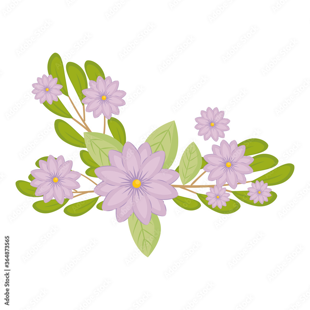 purple flowers with leaves design, natural floral nature plant ornament garden decoration and botany theme Vector illustration