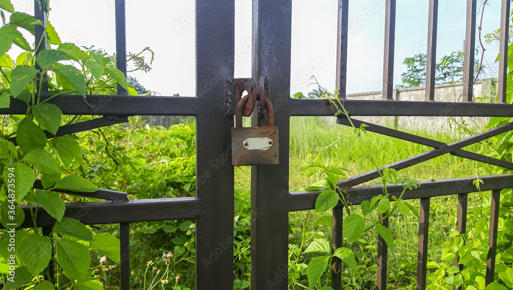 Closed Iron Gate with lock. Padlock on Iron Gate. Closed Iron Gate with lock. Padlock on Iron Gate.