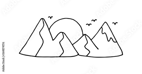 sunset or sunrise in the mountains. Hand drawn doodle vector illustration. Two huge mountains and big sun. Thick black line. Some flying birds around. one peak is covered with ice.