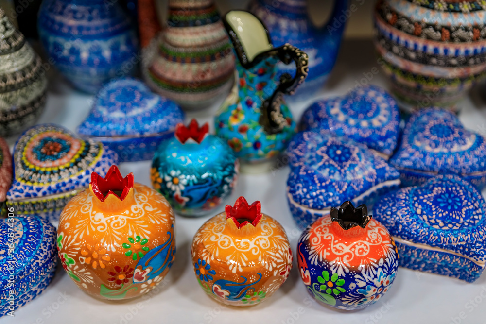 Montenegrin hand painted decorative pottery with a floral pattern in at a souvenir shop in Kotor old town in Montenegro