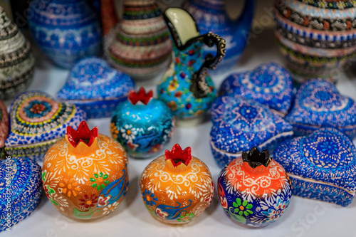 Montenegrin hand painted decorative pottery with a floral pattern in at a souvenir shop in Kotor old town in Montenegro