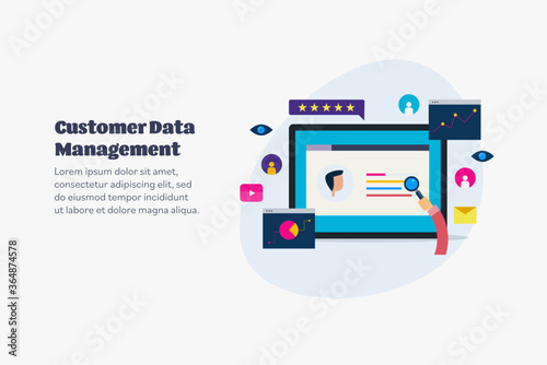Customer profile data, customer database management, analysing customer profile online, buyer persona, digital marketing and smart advertising concept. Web banner with text.