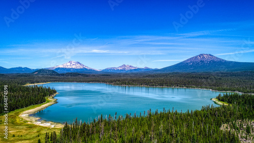 Aerial view of Elk Lake with Mount Bachelor near Bend, Oregon.