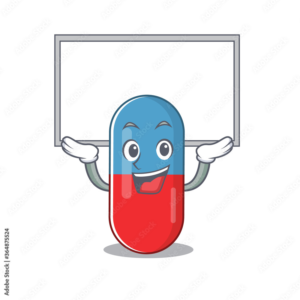 Mascot character of pills drug rise up a white board Mascot character of pills drug rise up a white board