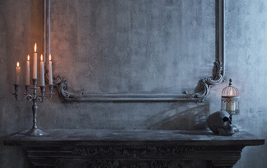 Mystical Halloween still-life background. Skull, candlestick with candles, old fireplace. Horror and witchery.