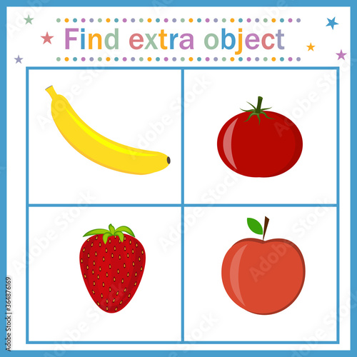 A card for children's development, Find an extra object where fruits and berries are shown in red and a banana is yellow, the banana is superfluous. Vector illustration. Design of children's books, pr