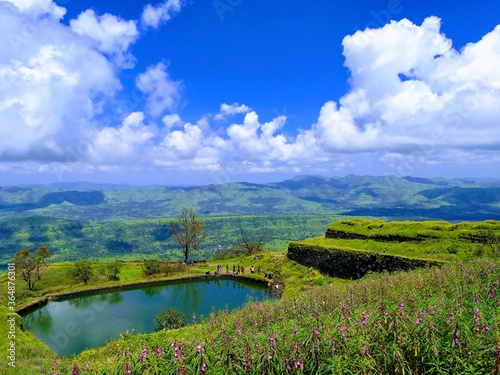 landscape with lake and blue sky