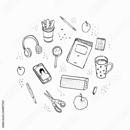 Things necessary for self-education. Book, pen, caradrash, apples, magnifier, tea mug, smartphone, notepad, headphones, music column, potted plant, scissors. Vector isolated illustration.