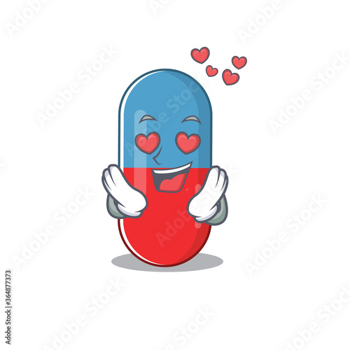 A passionate pills drug cartoon mascot concept has a falling in love eyes