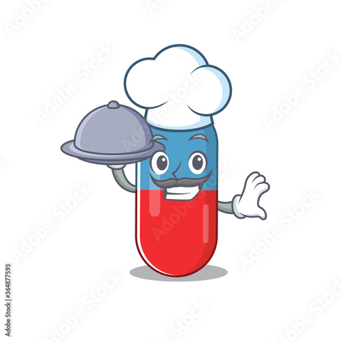 mascot character style of pills drug chef serving dinner on tray