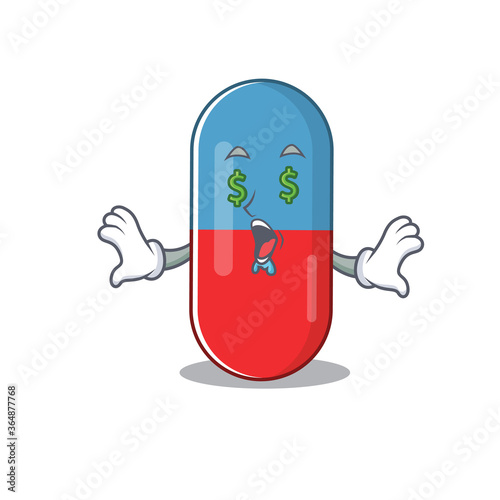 happy rich cartoon concept of pills drug with money eyes