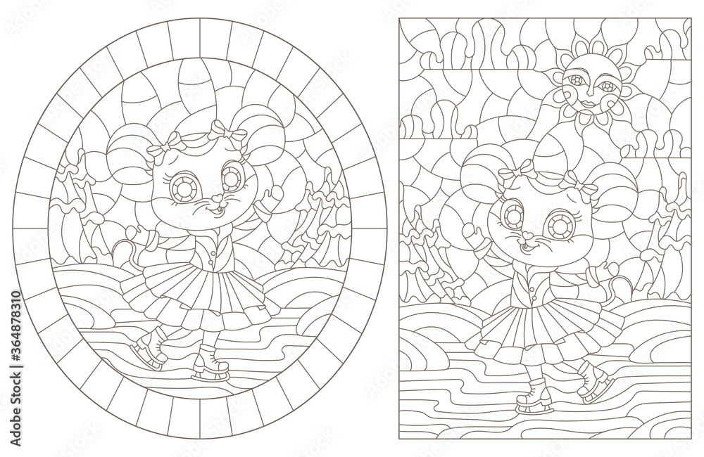 Set of contour illustrations in stained glass style with cute cartoon mice, dark outlines on a white background