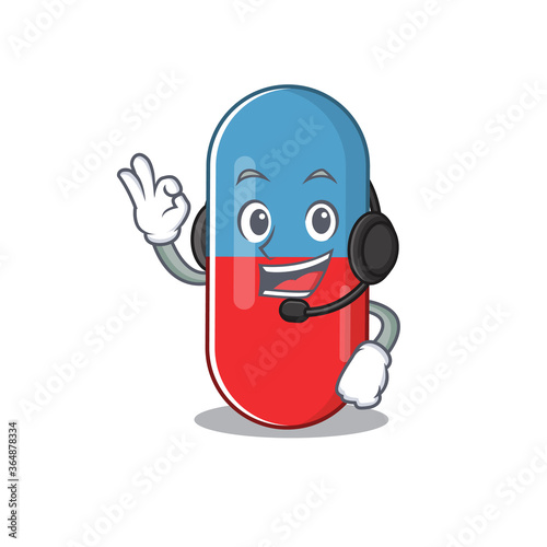 Pills drug caricature character concept wearing headphone