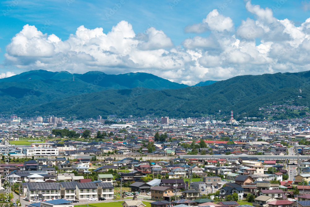 Suwa City view from Hokuto Shrine in Suwa, Nagano Prefecture, Japan.