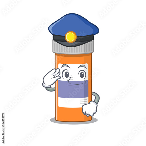 A handsome Police officer cartoon picture of pills drug bottle with a blue hat