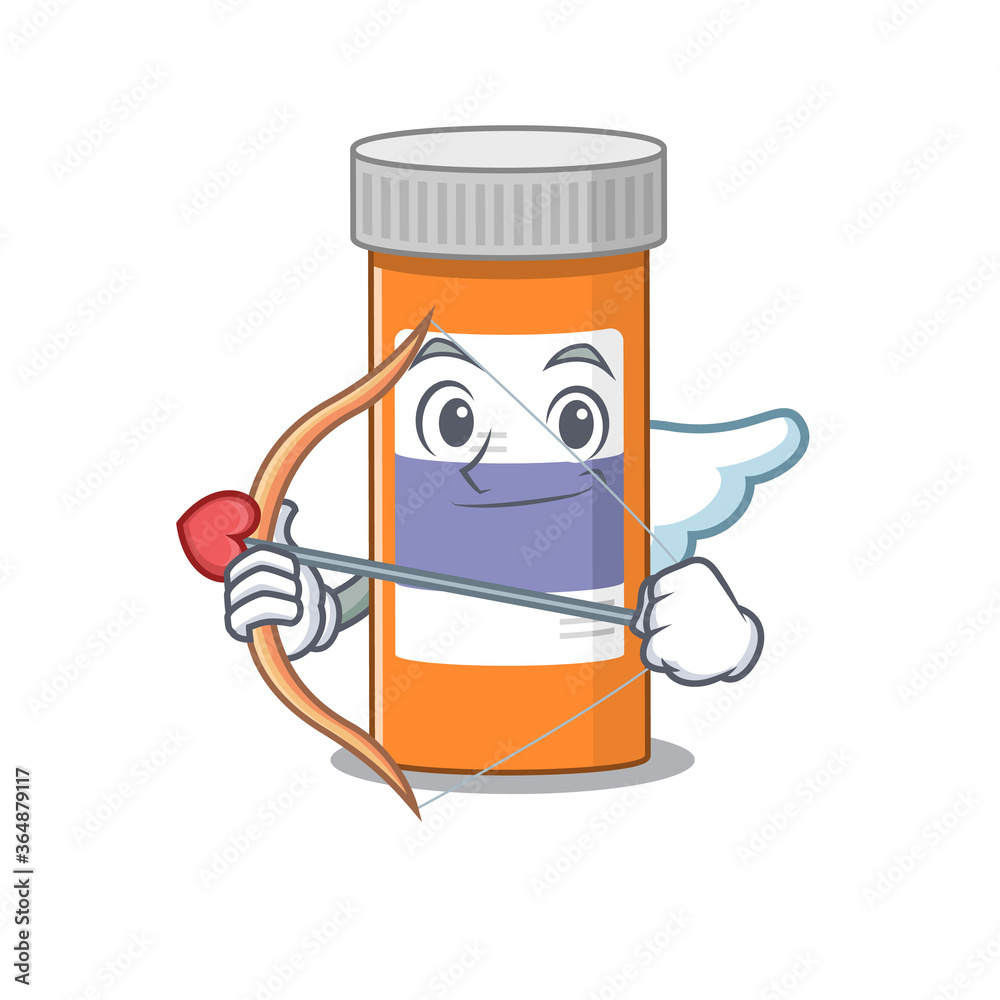 A lovable pills drug bottle as a romantic cupid cartoon picture with arrow