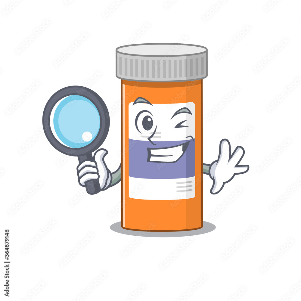 cartoon mascot design of pills drug bottle super Detective breaking the case using tools