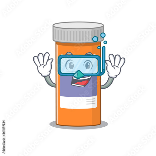Pills drug bottle mascot design swims with diving glasses