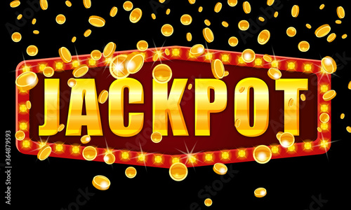 Jackpot Winner banner shining retro sign illuminated by spotlights falling coins