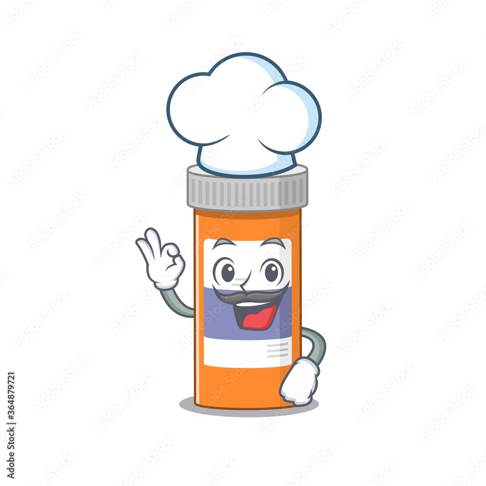 Pills drug bottle chef cartoon drawing style wearing iconic chef hat Pills drug bottle chef cartoon drawing style wearing iconic chef hat