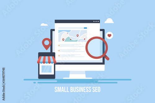 Smart seo solution for local store and small business. Find small business near me via mobile phone, website showing local shop map, local seo concept. Digital marketing and technology.