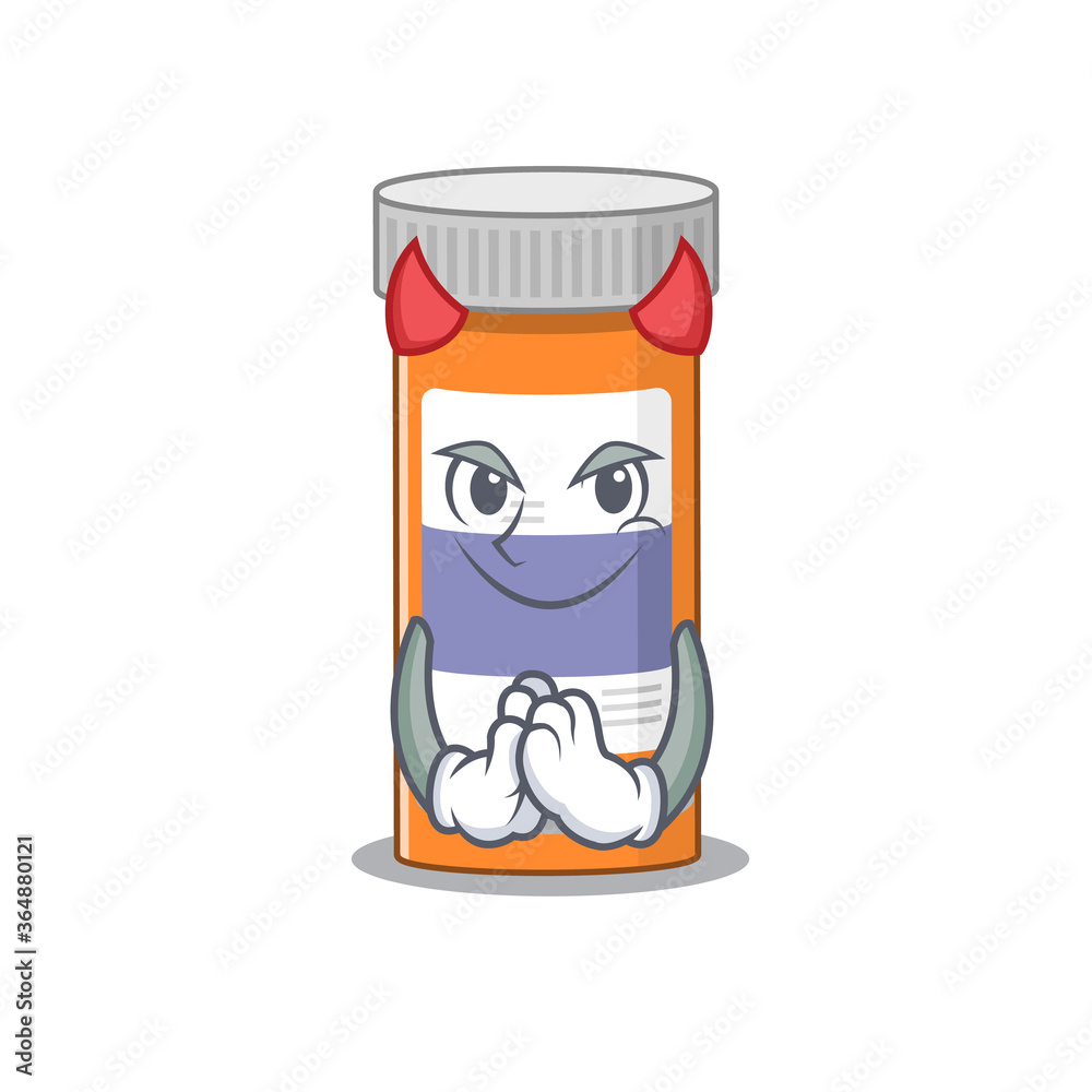 Pills drug bottle clothed as devil cartoon character design on Halloween night Pills drug bottle clothed as devil cartoon character design on Halloween night