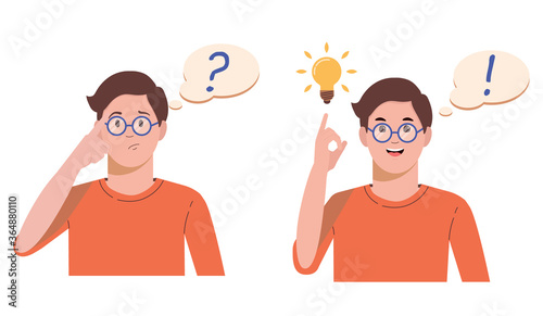 Problem solving concept. A man thinks and solves a problem. A question mark and a luminous bulb as symbols of the appearance of a creative idea. Cartoon flat illustration isolated on white background.
