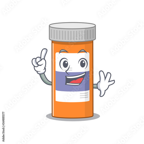 Pills drug bottle caricature design style with one finger pose