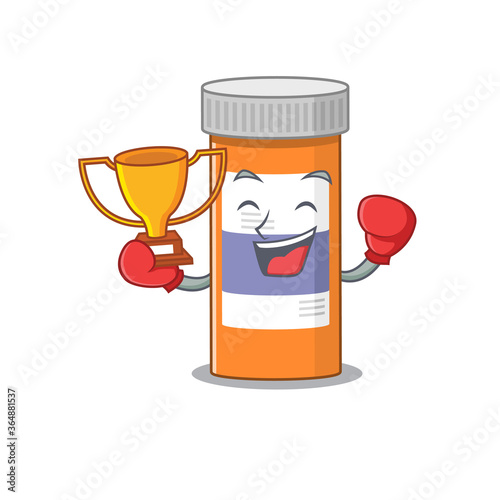 Fabulous boxing winner of pills drug bottle caricature design style