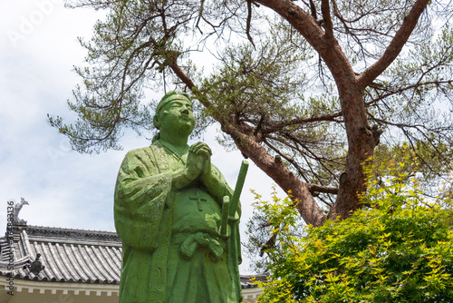 Statue of Amakusa Shiro (1621?-1638) at Shimabara castle in Shimabara, Nagasaki, Japan. He was led the Shimabara Rebellion, an uprising of Japanese Roman Catholics.