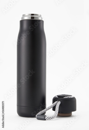 Full length black waterbottle. Isolated on white background.