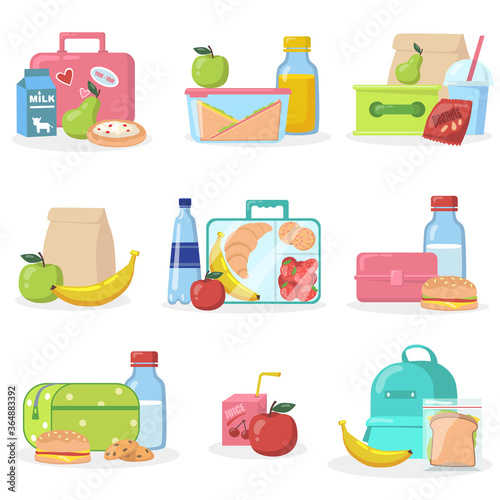 School lunchboxes with snacks flat icon set. Cartoon apple, juice, cookie, muffin and bread in box vector illustration collection. Eating and healthy food concept