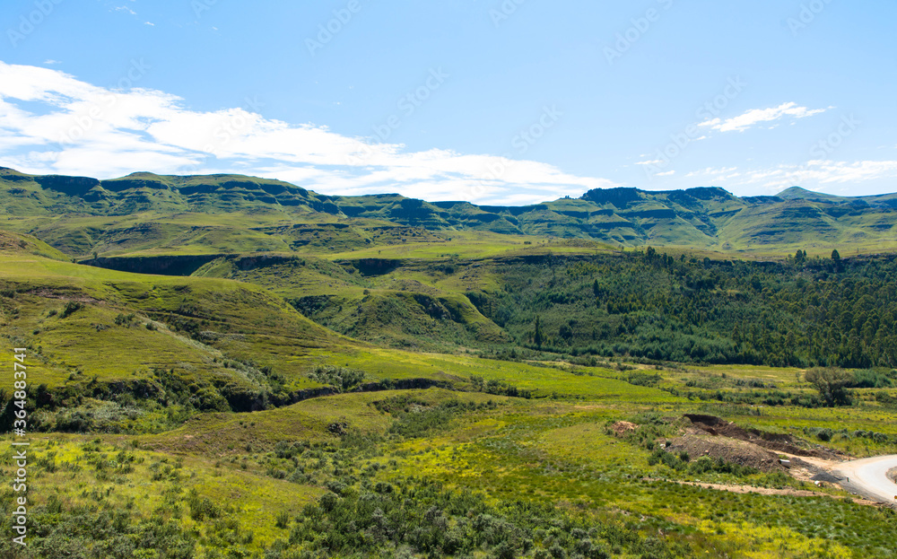 Panorama of the Sani Pass, connects Underberg in South Africa to Mokhotlong in Lesotho. The Sani Pass is the highest mountain pass in the world.