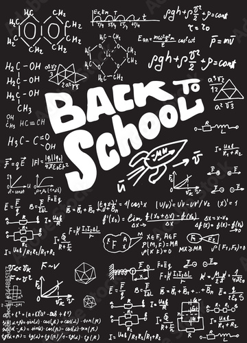 Vector background. Illustration in the style of doodles. Back to school. Inscriptions, scientific formulas, drawings on a blackboard. School pattern. Vertical composition. For notebooks,  postcards.