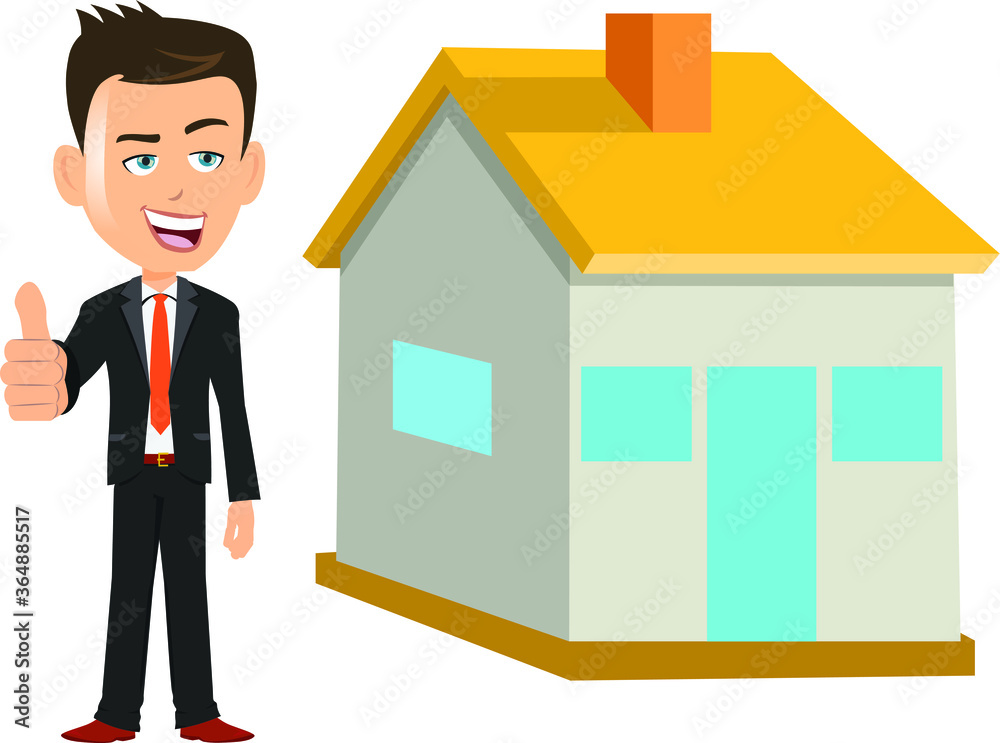 Businessman person salesman agent showing thumbs up in front of a house real estate business success Businessman person salesman agent showing thumbs up in front of a house real estate business success