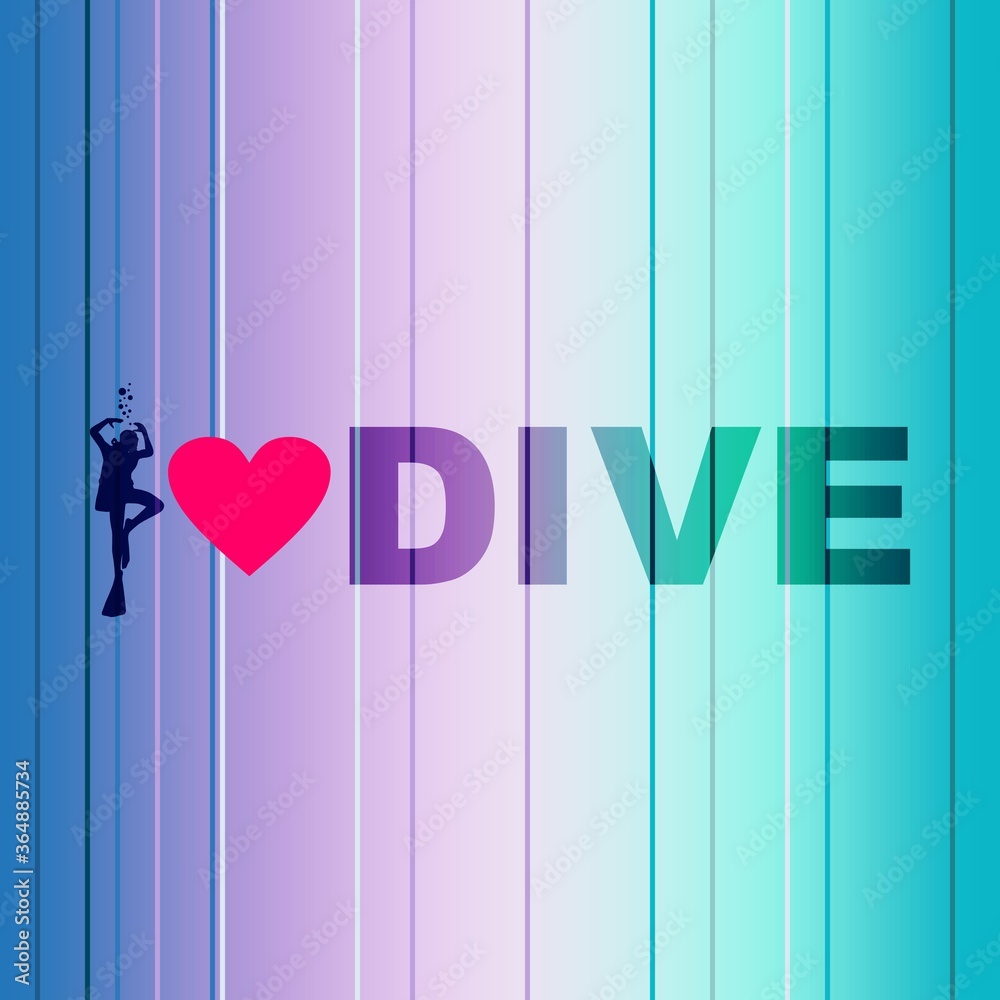 i love dive text with silhouette of diver and heart icon. The concept