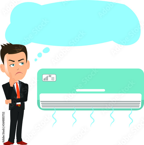 Businessman thinking in front of an air conditioner thought bubble blank empty template