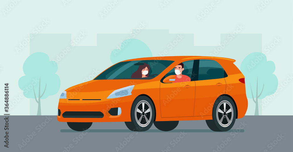 CUV car with a young man and woman in a medical mask driving on a background of abstract cityscape. Vector flat style illustration. CUV car with a young man and woman in a medical mask driving on a background of abstract cityscape. Vector flat style illustration.
