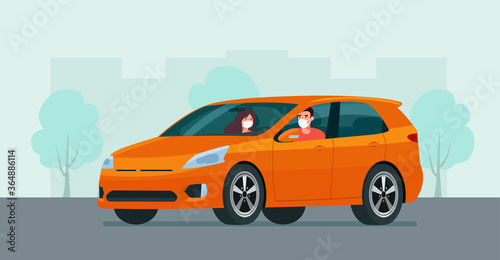 CUV car with a young man and woman in a medical mask driving on a background of abstract cityscape. Vector flat style illustration.