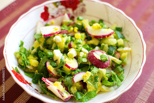 Spring salad with radishes, eggs, green onion and sprouts. Healthy salad